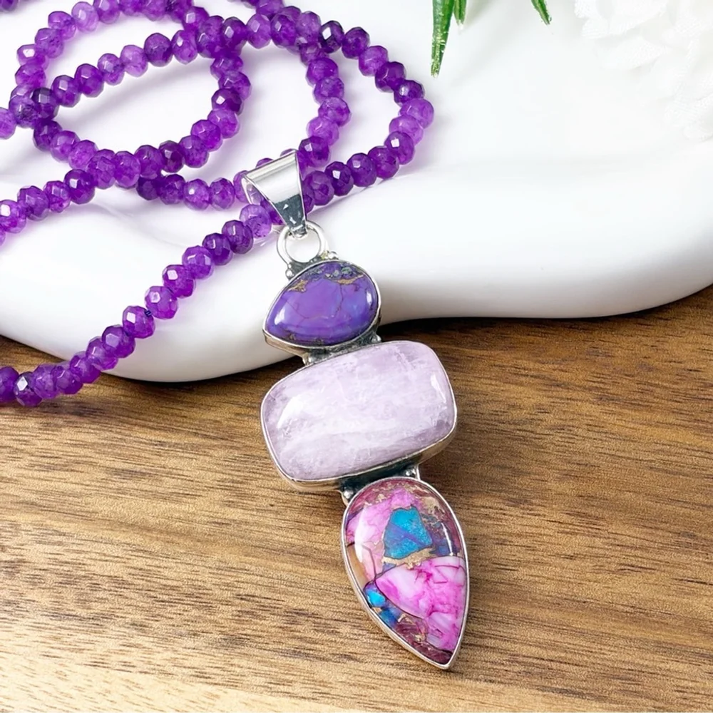 Purple Copper Turquoise Kyanite & Pink Dahlia Turquoise Pendant Southwest 925